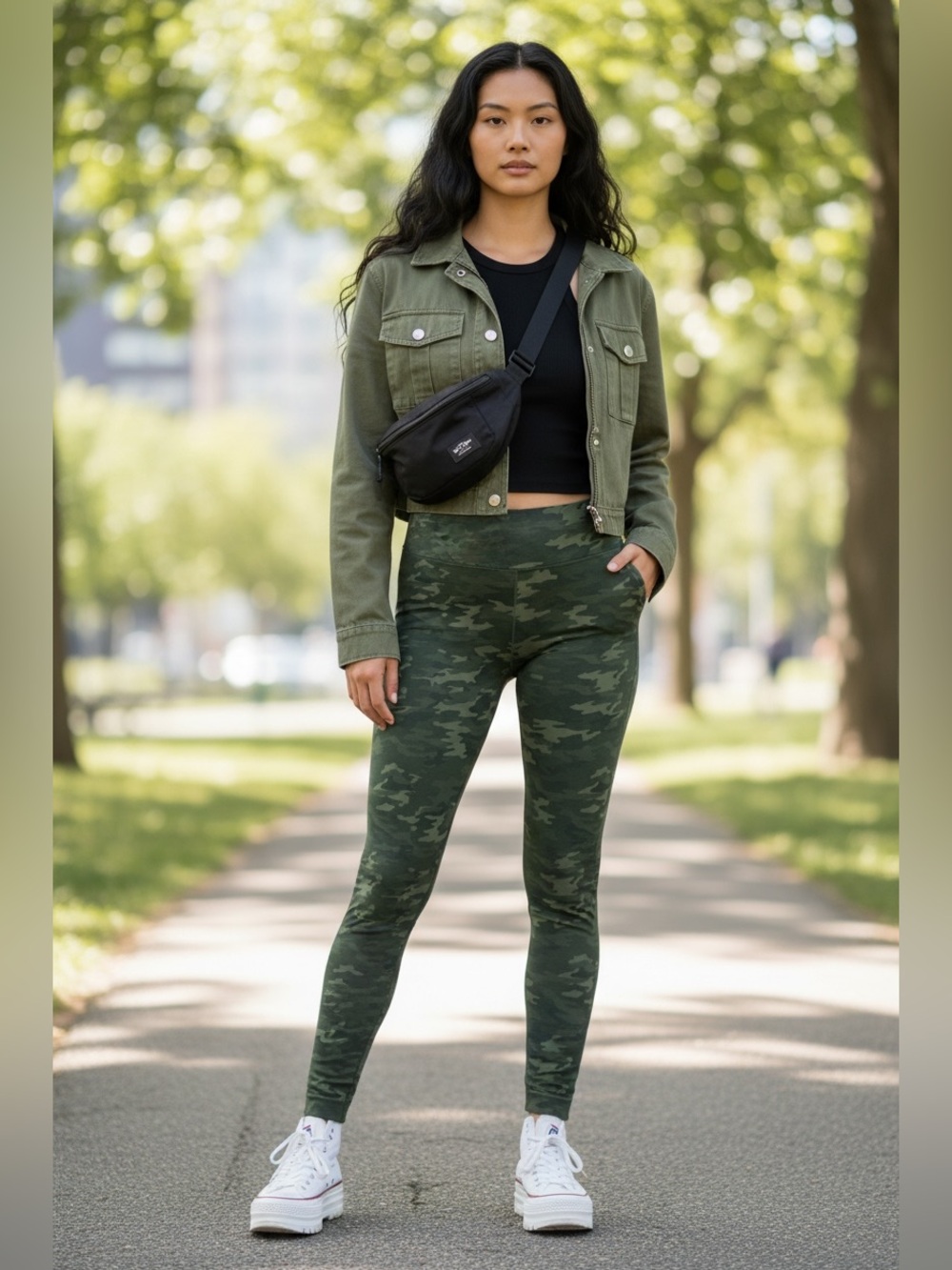 SPANX Look At Me Now Seamless Leggings XL Green Camo High Rise Shaping